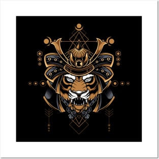 Roaring Samurai: Powerful Tiger Head with a Warrior's Helmet Posters and Art